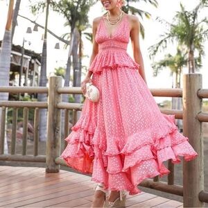 Rococo Sand Aria Metallics Dots Pretty Lace Trim Summer Vacation Maxi Dress—NWOT